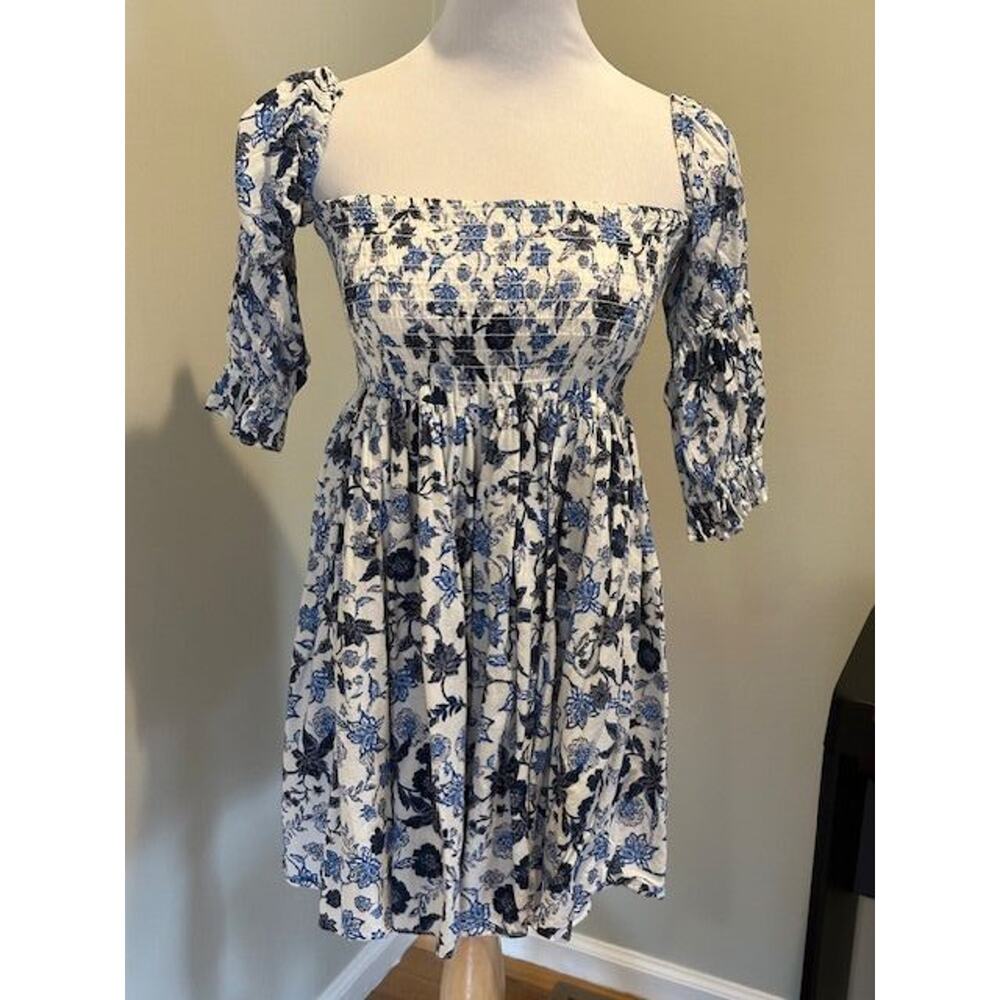 MISA Los Angeles Zadie Boho Cottagecore Smocked Blue Floral Mini Dress Sz Large